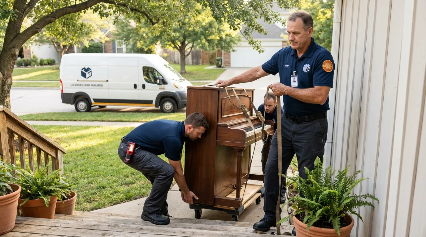 Licensed piano movers securing grand piano in Guerneville, CA