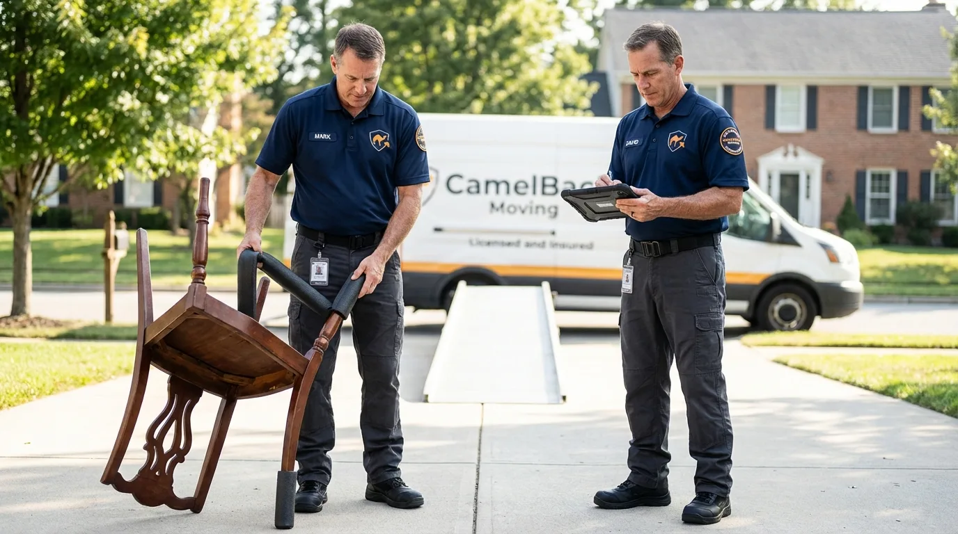 Movers inspecting furniture for damage prevention before loading in Guerneville, CA